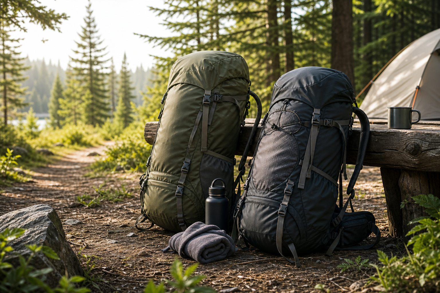 Backpack resting near a campsite trail