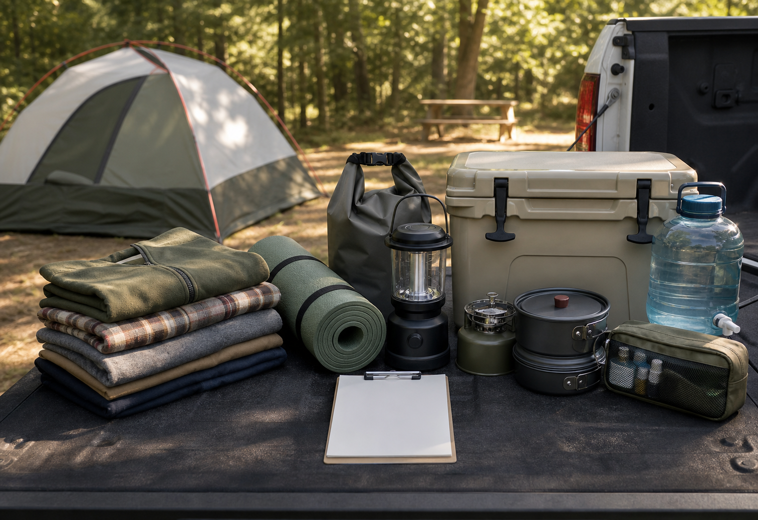 Camping checklist essentials arranged near a tent