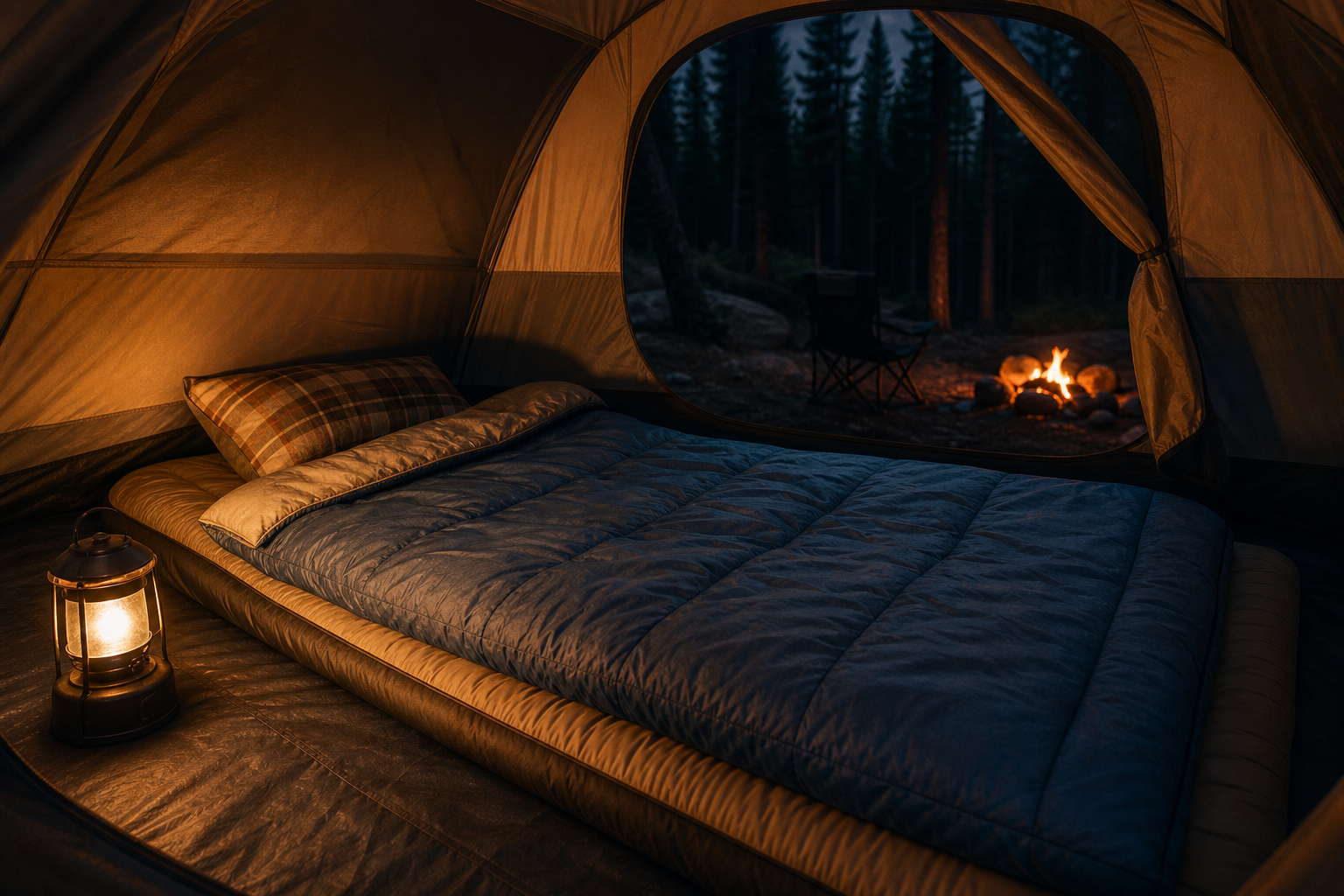Car camping sleeping bag and sleep setup near a tent