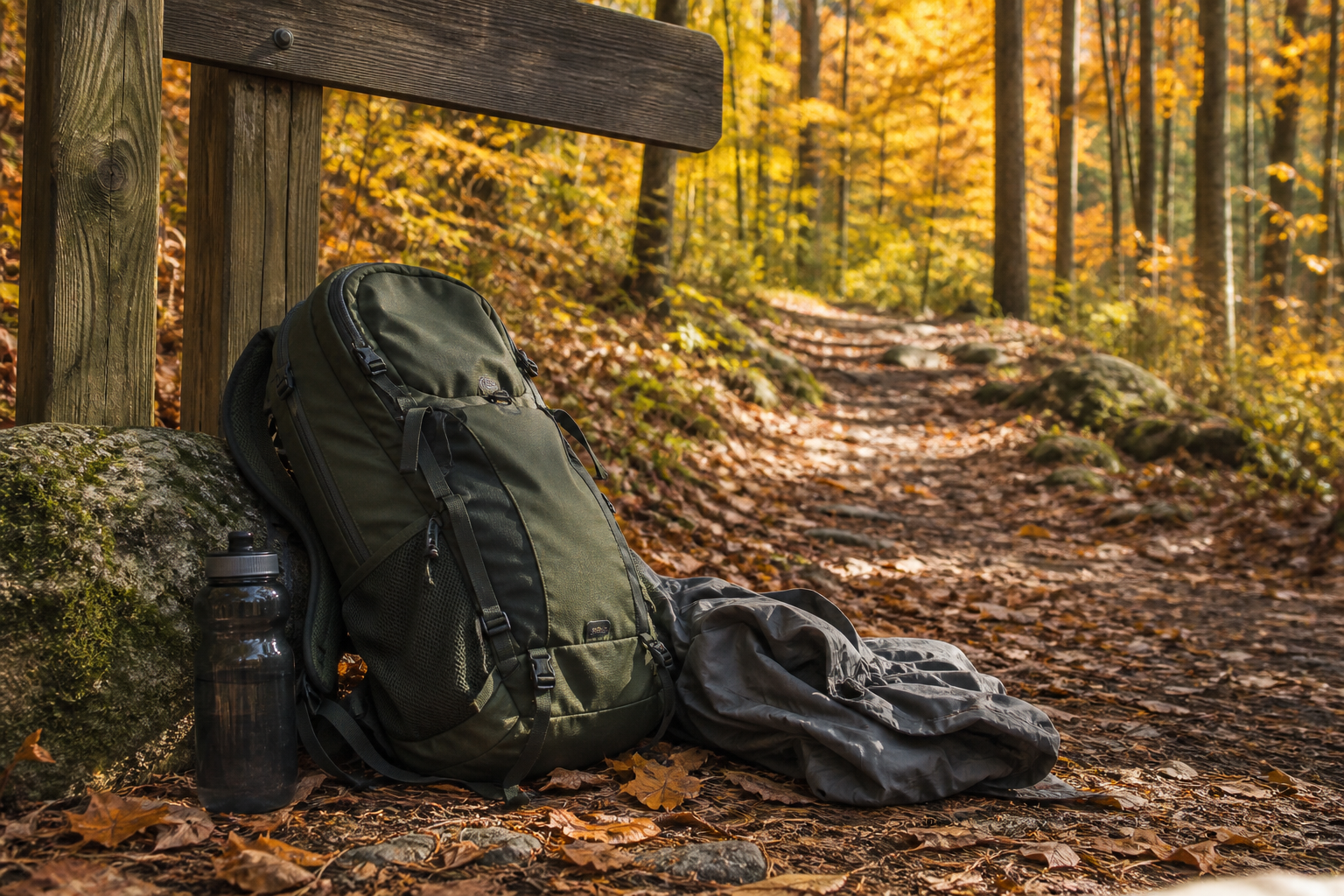 Daypack resting near an autumn forest trailhead with hiking layers nearby