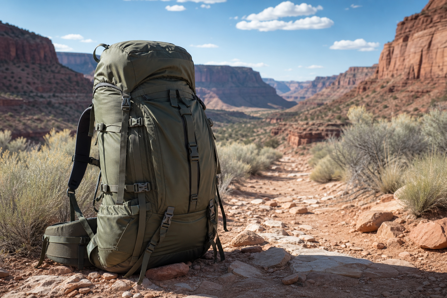 Large camping backpack standing on a red-rock desert canyon trail