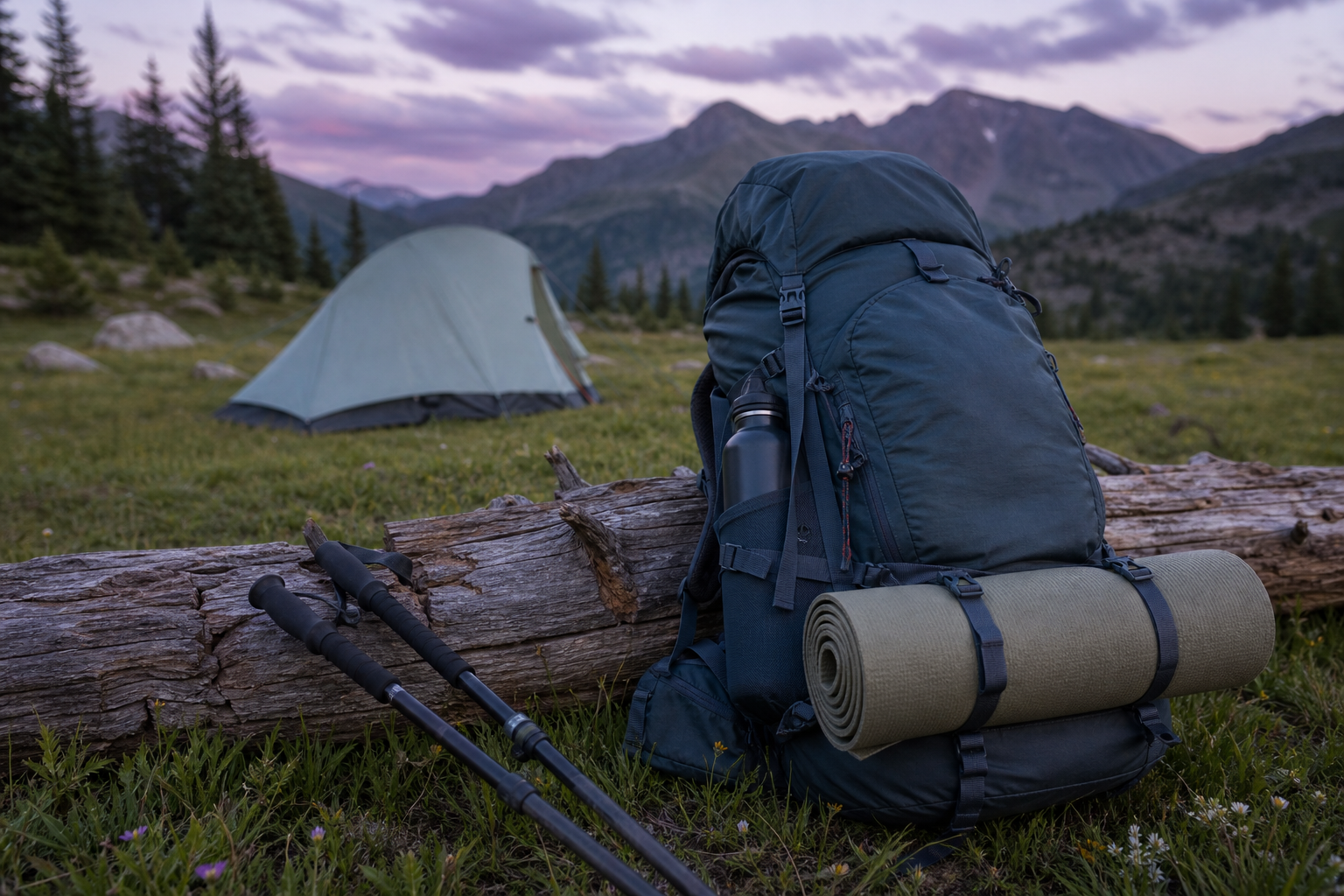 Loaded overnight backpack with trekking poles at a mountain meadow campsite
